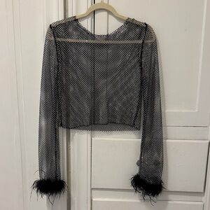 Elegant Black Mesh Top with Feather Cuffs